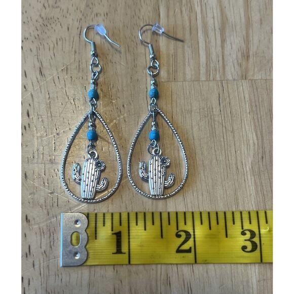 Silver Tone Earrings with Turquoise Glass Beads Teardrop Oval Shaped with Cactus - Picture 4 of 5